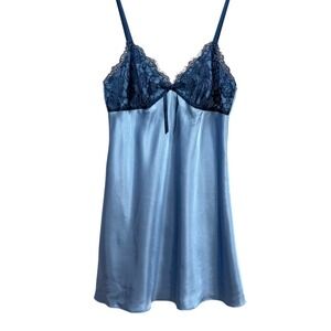 Morgan Taylor Intimates Blue Satin Lace Chemise Nightgown Large Navy Trim Slip